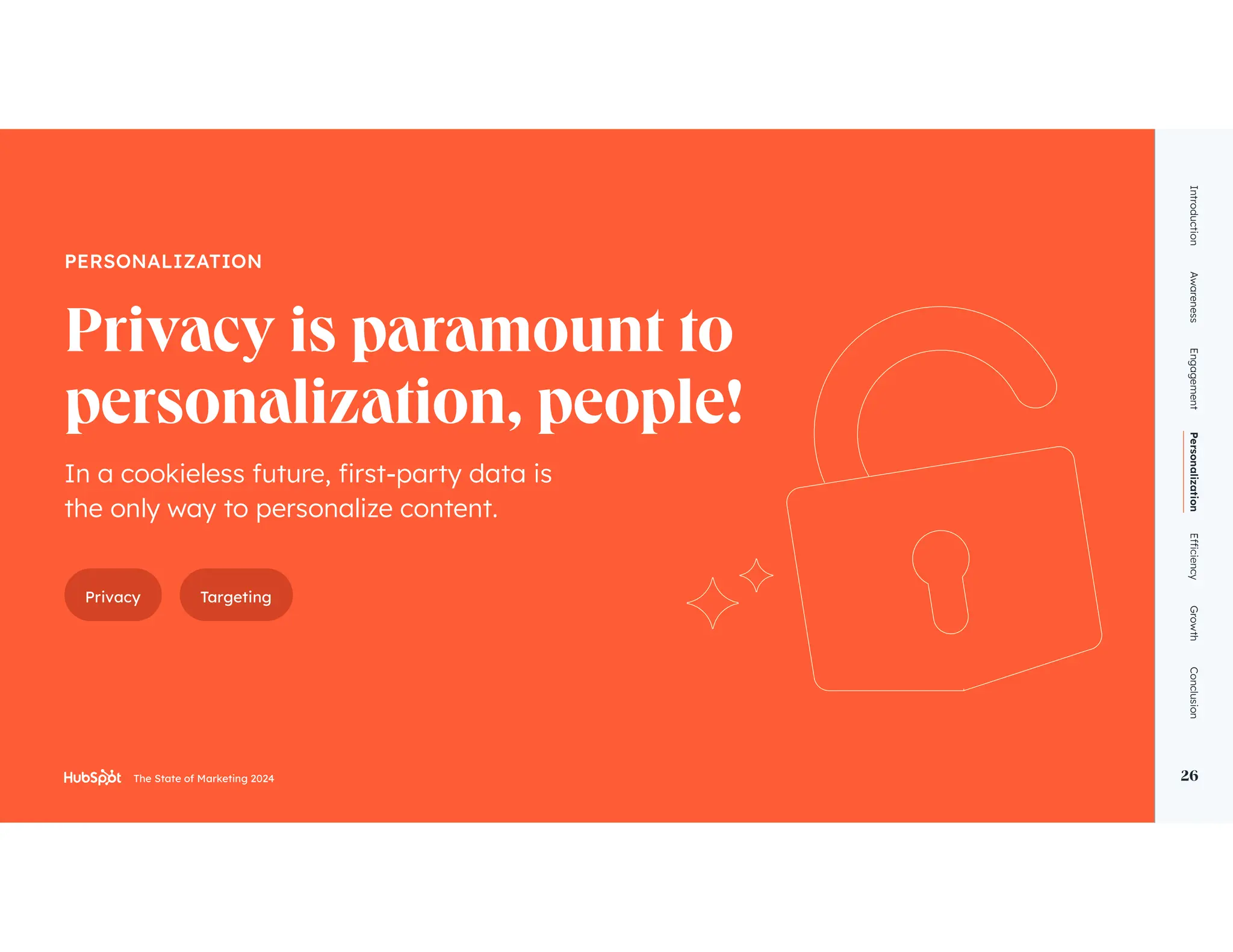 The State of Marketing 2024 26
personalization, people!
PERSONALIZATION
the only way to personalize content.
Introduction
Awareness
Engagement
Personalization
Growth
Conclusion
26
Privacy Targeting
The State of Marketing 2024
 