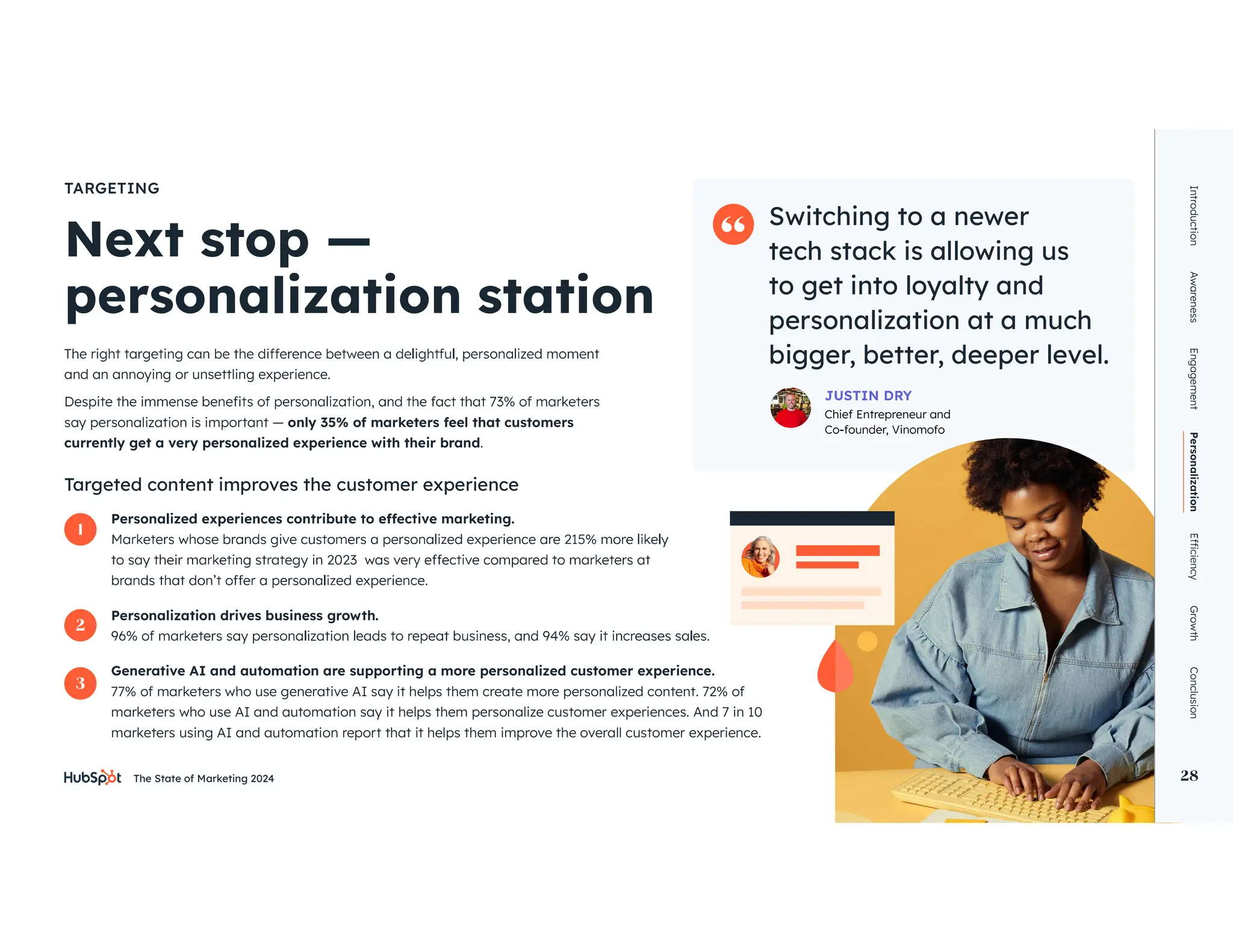 The State of Marketing 2024 28
Personalization drives business growth.
Generative AI and automation are supporting a more personalized customer experience.
77% of marketers who use generative AI say it helps them create more personalized content. 72% of
marketers who use AI and automation say it helps them personalize customer experiences. And 7 in 10
marketers using AI and automation report that it helps them improve the overall customer experience.
Switching to a newer
tech stack is allowing us
to get into loyalty and
personalization at a much
bigger, better, deeper level.
JUSTIN DRY
Chief Entrepreneur and
TARGETING
and an annoying or unsettling experience.
say personalization is important — only 35% of marketers feel that customers
currently get a very personalized experience with their brand.
Targeted content improves the customer experience
Introduction
Awareness
Engagement
Personalization
Growth
Conclusion
28
1
2
3
 