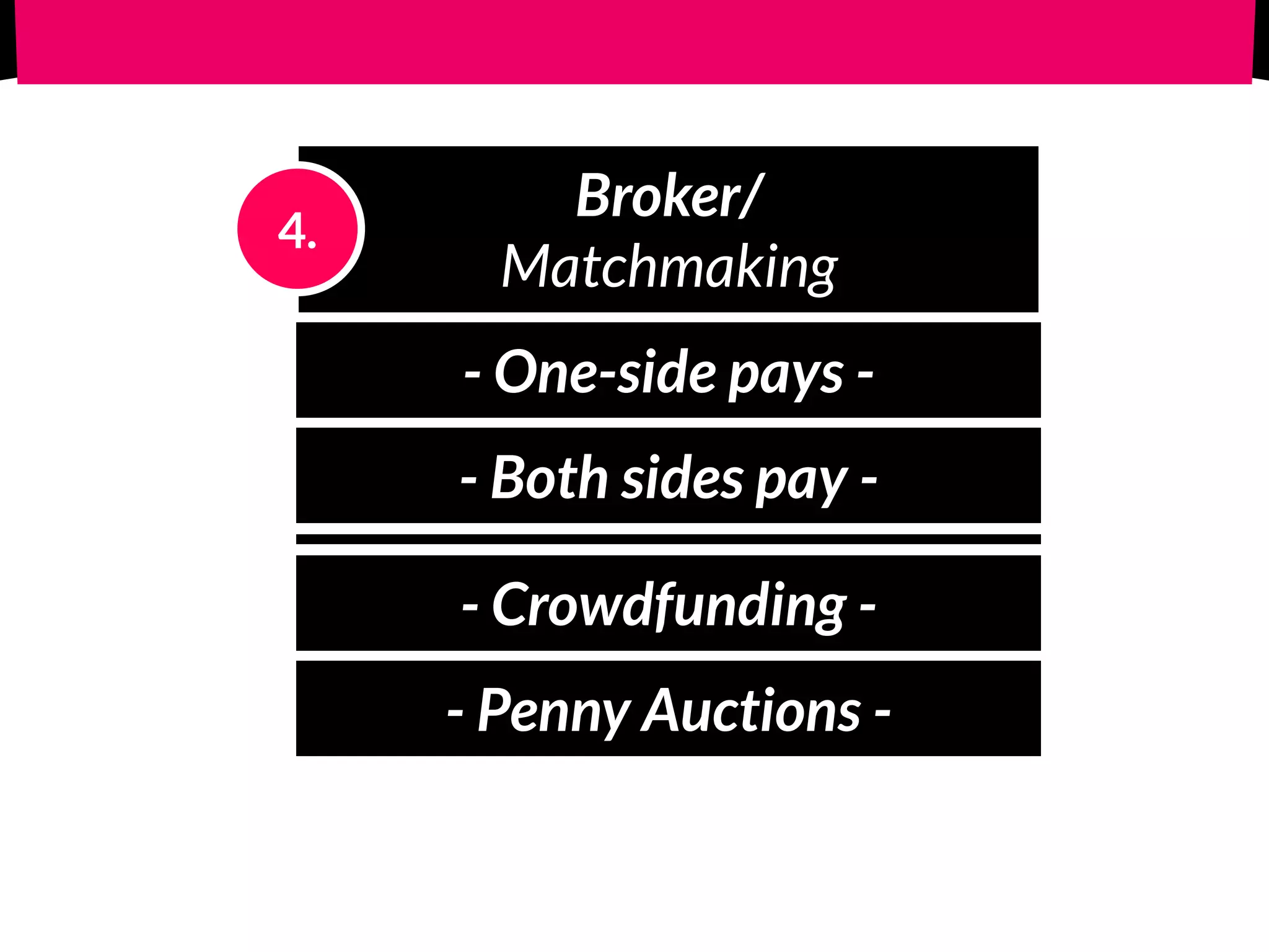 Broker/ 
Matchmaking
4.
- One-side pays -
- Both sides pay -
- Crowdfunding -
- Penny Auctions -
 