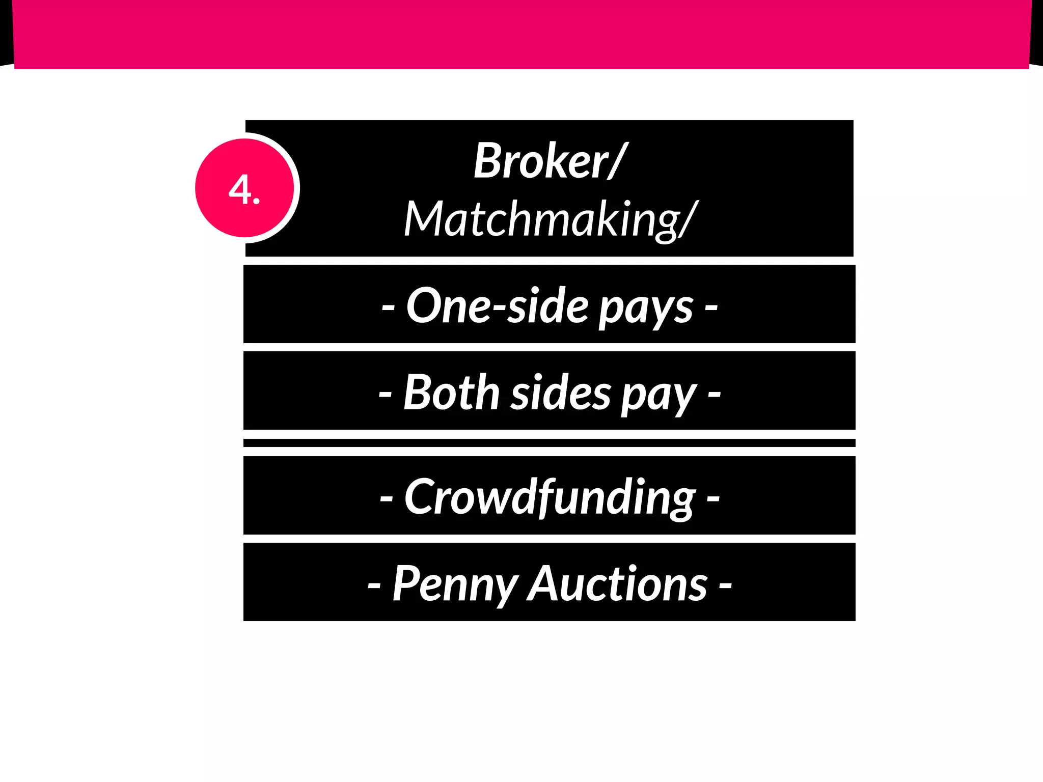 Broker/ 
Matchmaking/
4.
- One-side pays -
- Both sides pay -
- Crowdfunding -
- Penny Auctions -
 