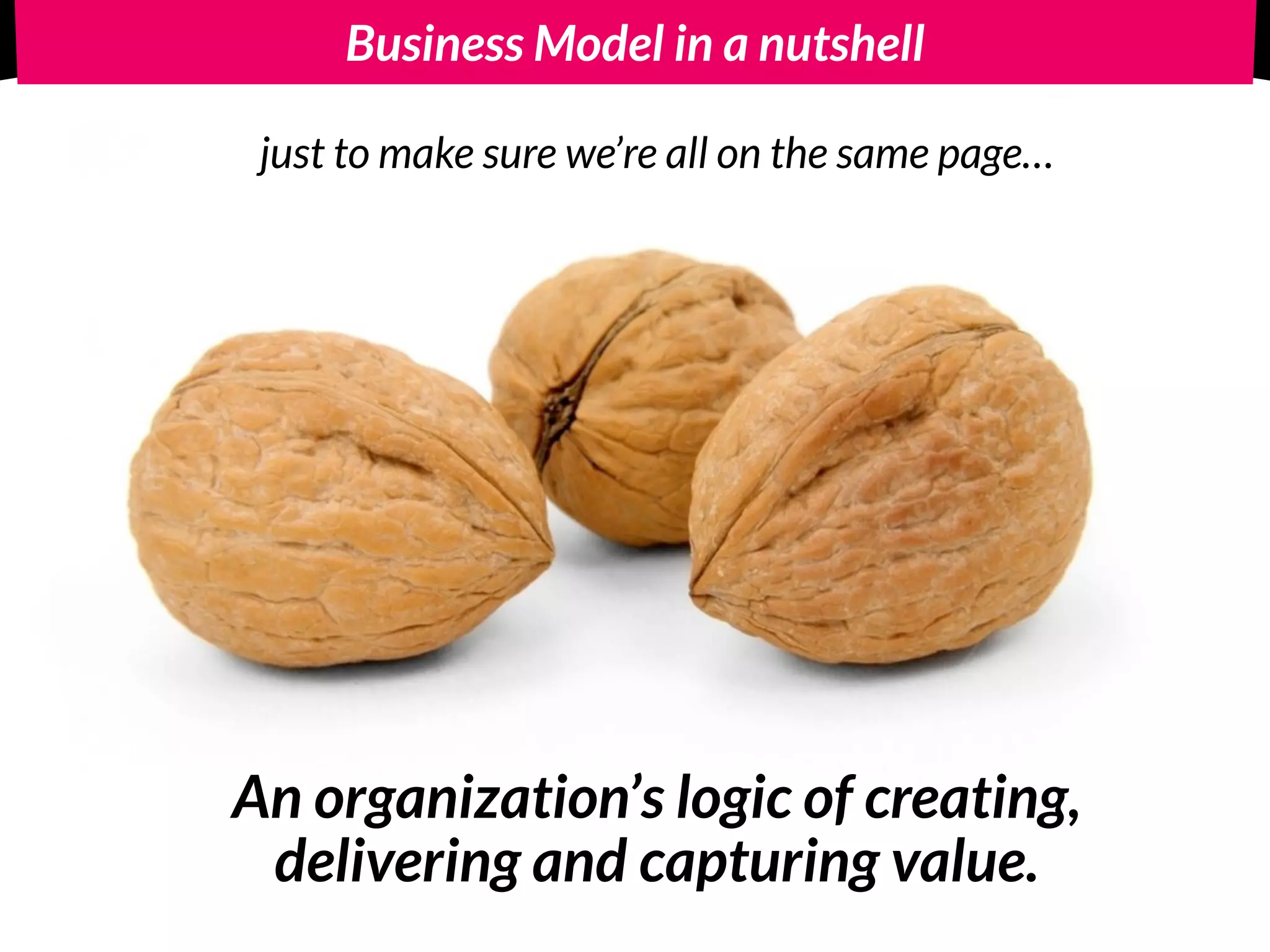 Business Model in a nutshell
An organization’s logic of creating,  
delivering and capturing value.
just to make sure we’re all on the same page…
 