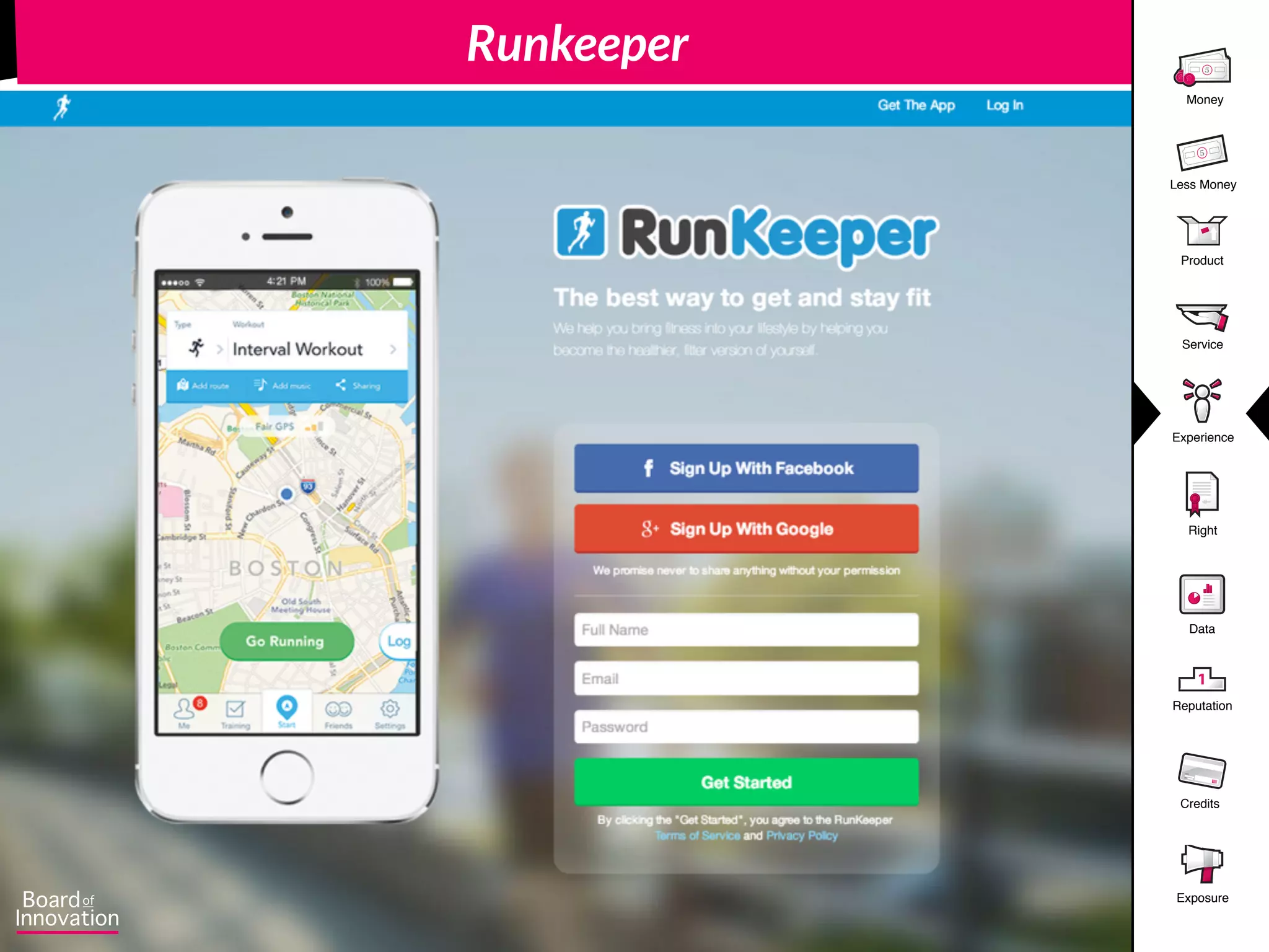 Product
5
Money
5
Less Money
Experience
Right
Data
1
Reputation
Credits
Service
Exposure
Runkeeper
 
