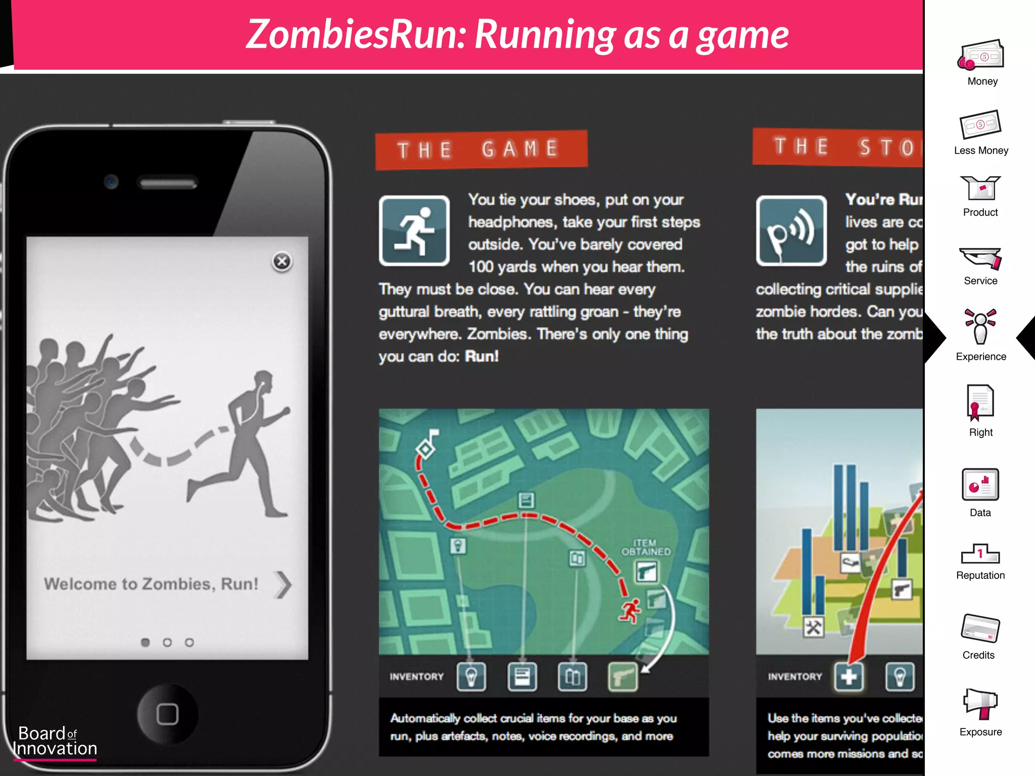 Product
5
Money
5
Less Money
Experience
Right
Data
1
Reputation
Credits
Service
Exposure
ZombiesRun: Running as a game
 