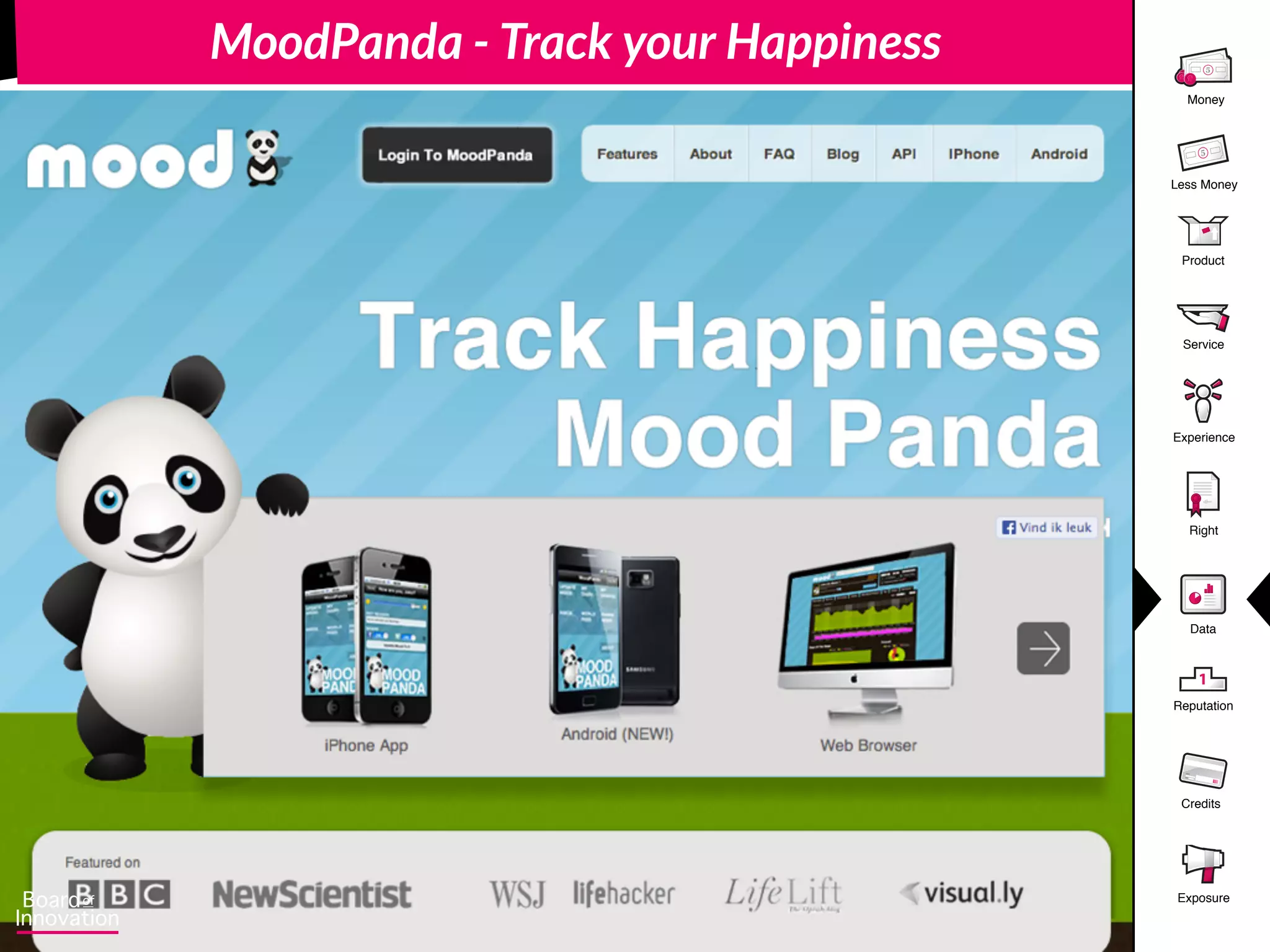 Product
5
Money
5
Less Money
Experience
Right
Data
1
Reputation
Credits
Service
Exposure
MoodPanda - Track your Happiness
 
