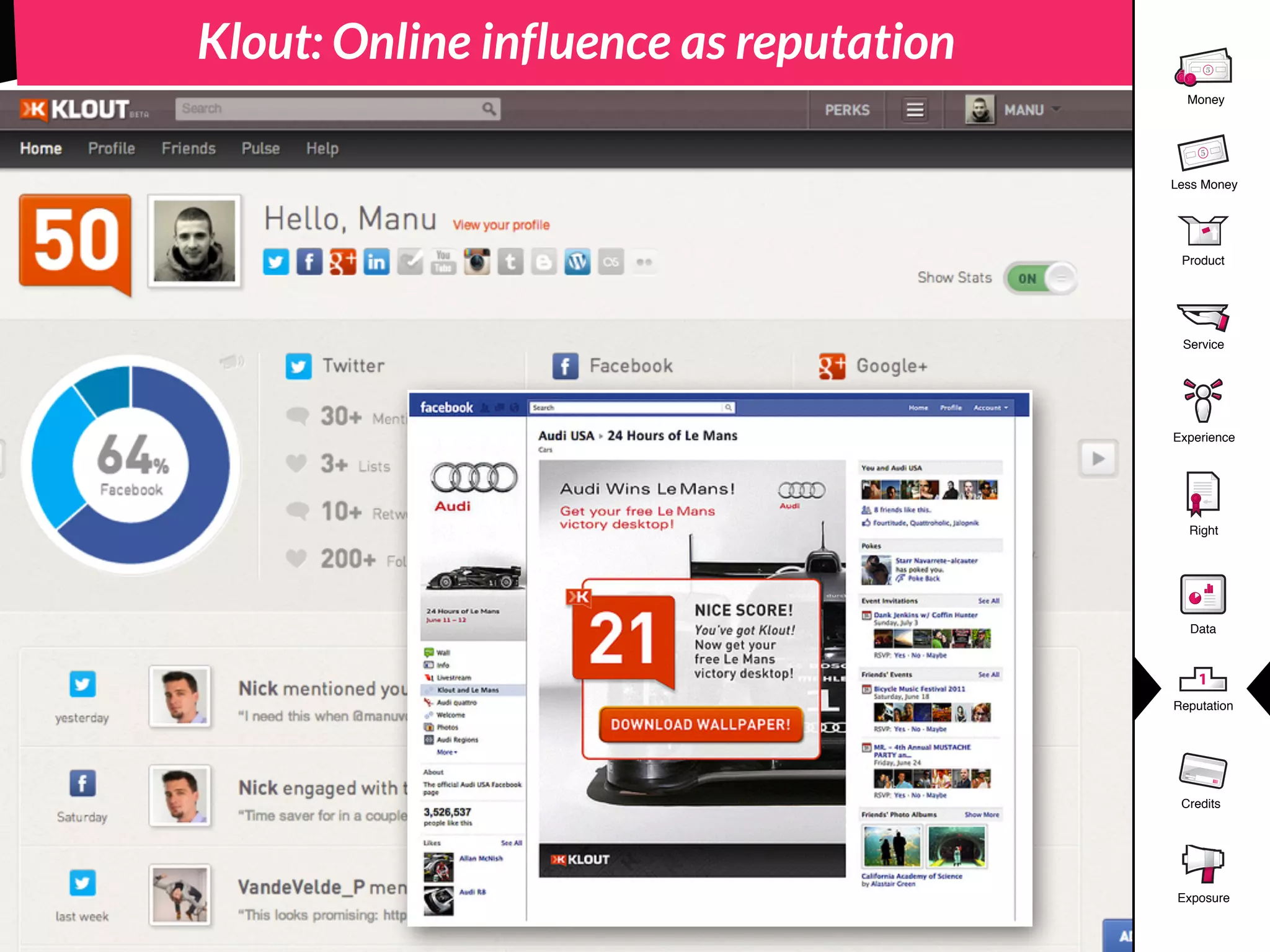 Product
5
Money
5
Less Money
Experience
Right
Data
1
Reputation
Credits
Service
Exposure
Klout: Online influence as reputation
 
