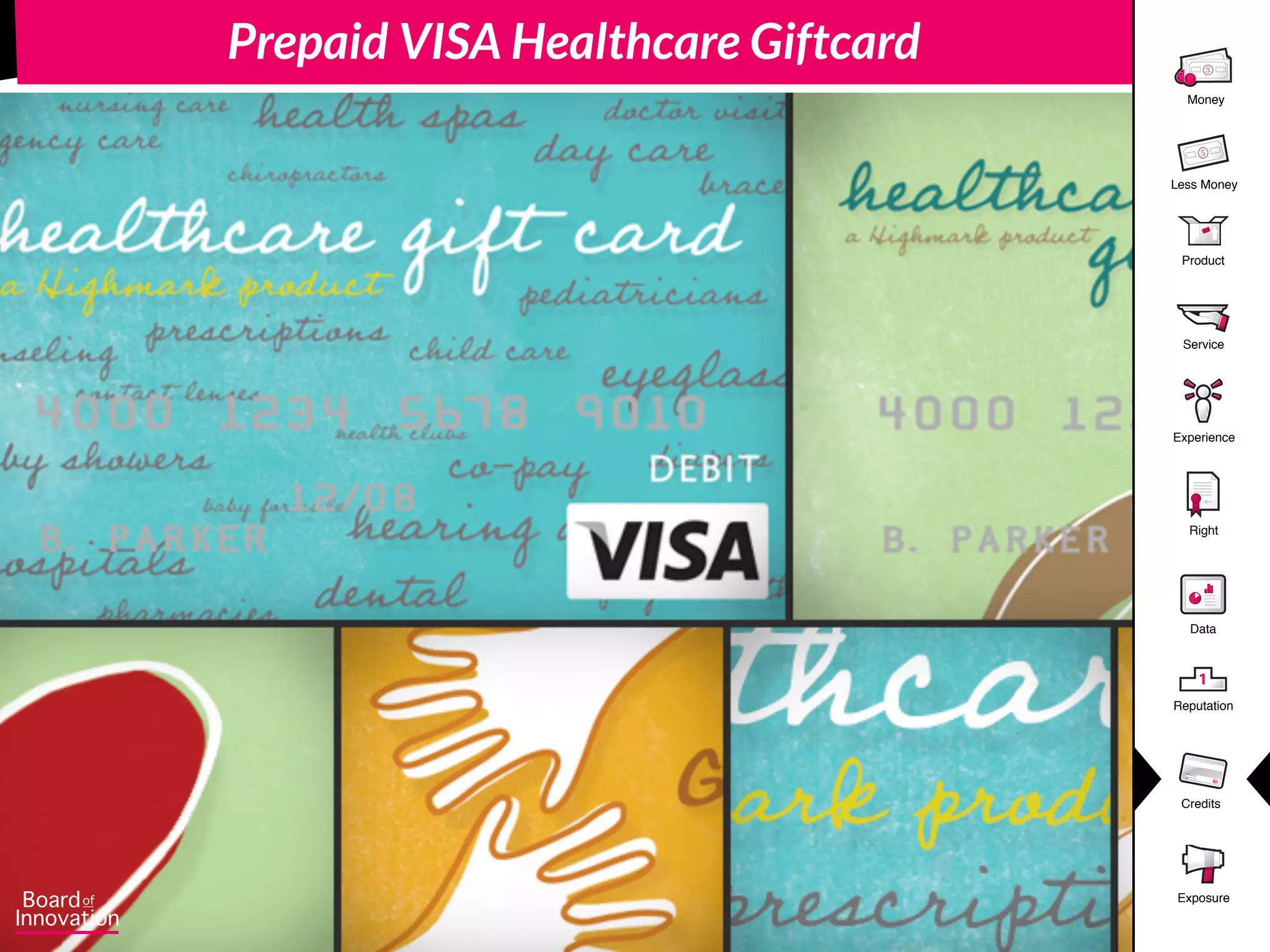 Product
5
Money
5
Less Money
Experience
Right
Data
1
Reputation
Credits
Service
Exposure
Prepaid VISA Healthcare Giftcard
 