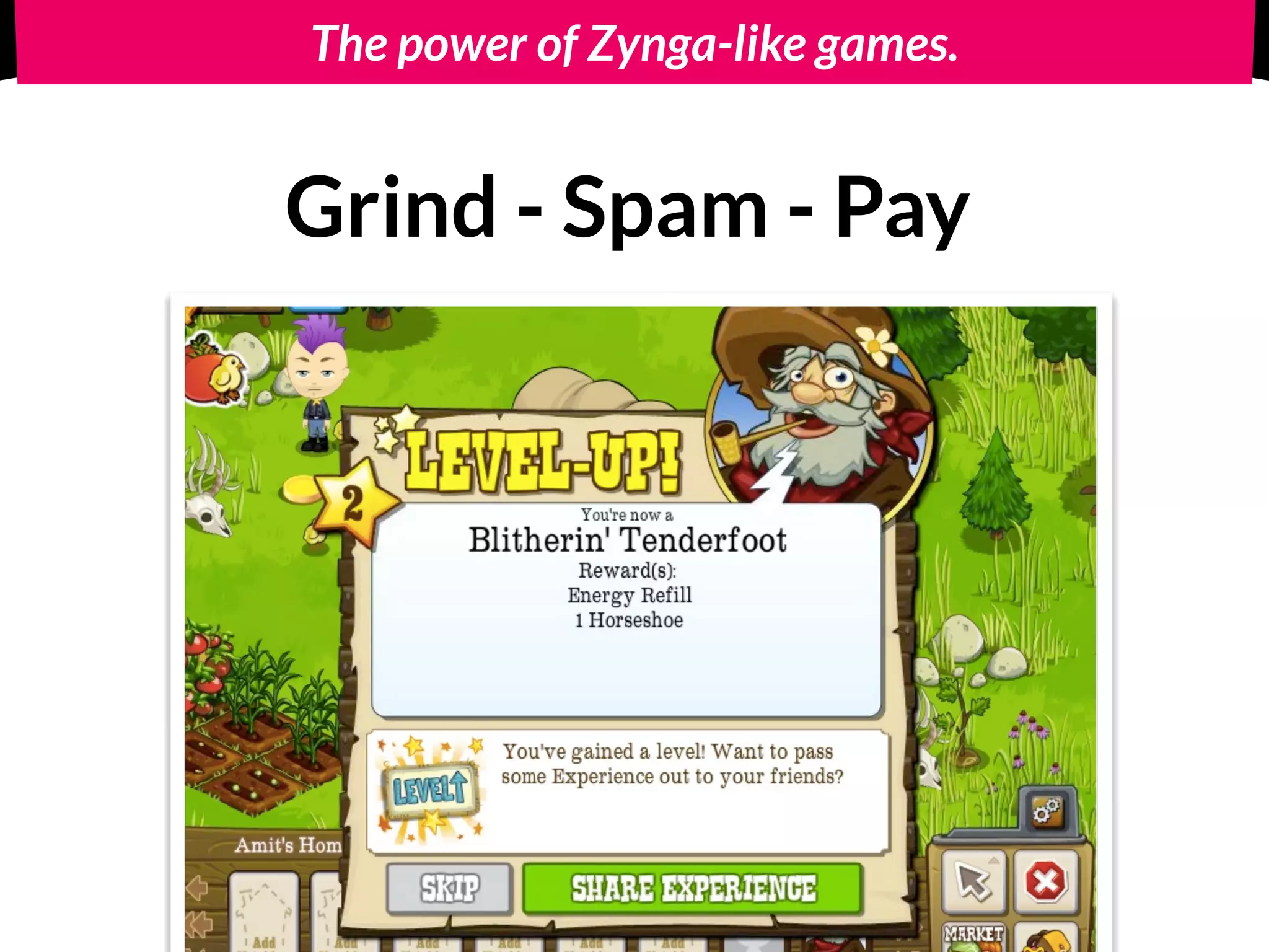 The power of Zynga-like games.
Grind - Spam - Pay
 
