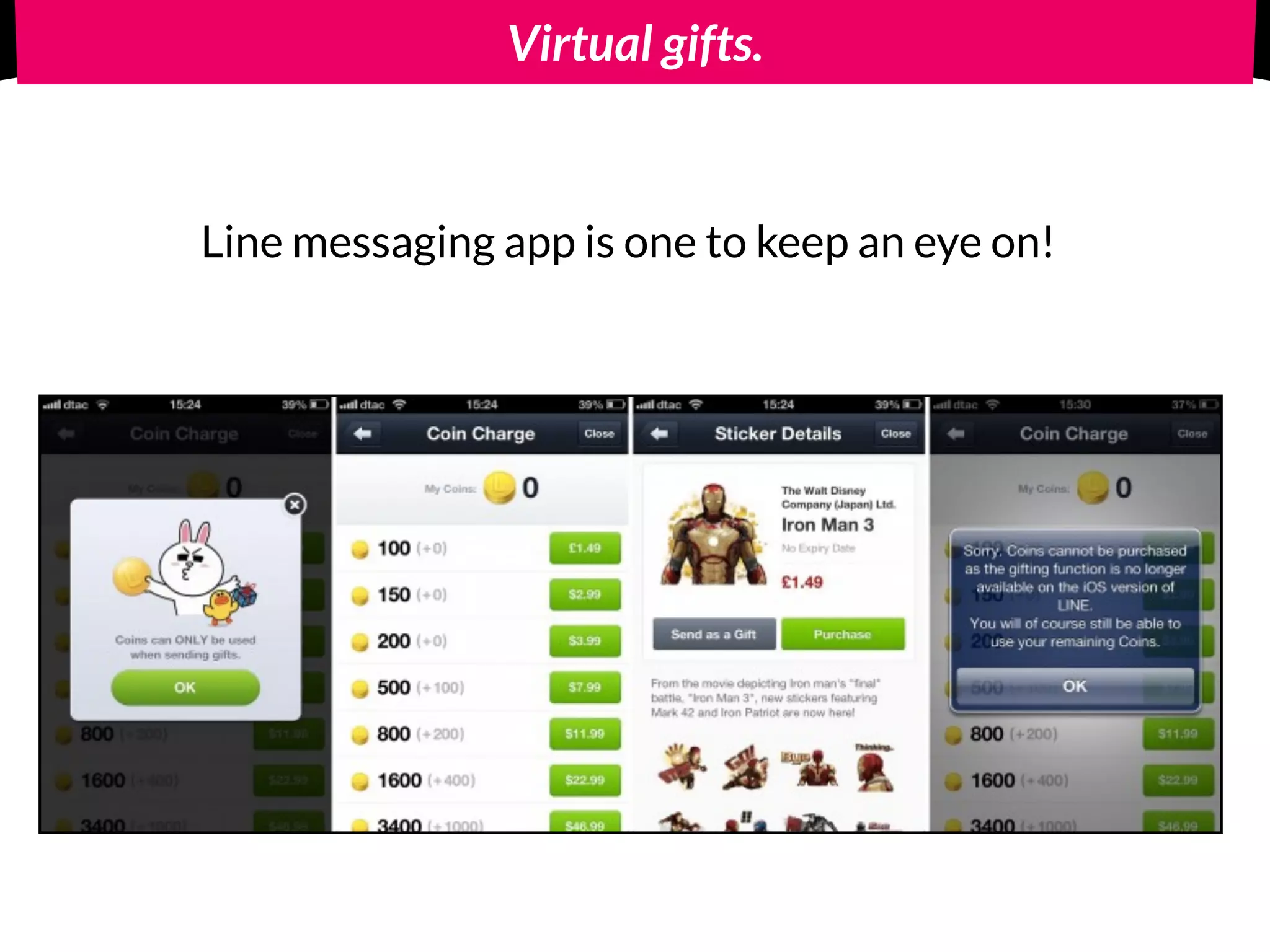 Virtual gifts.
Line messaging app is one to keep an eye on!
 