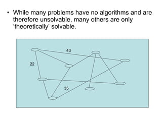 While many problems have no algorithms and are therefore unsolvable, many others are only ‘theoretically’ solvable. 22 43 35 