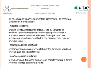 • As agências de viagens segmentam, claramente, os produtos
turísticos comercializados:
- Pacotes turísticos:
produto turístico totalmente definido, isto é, conjunto de
diversos serviços turísticos seleccionados para o efeito e
procedem dos operadores turísticos. Estes pacotes não
apresentam os valores detalhados por cada serviço, mas sim
um valor total;
- produtos básicos turísticos:
comercializados pelos grandes fabricantes turísticos vendidos
em qualquer agência retalhista;
- produtos complementares:
outros serviços, turísticos ou não, que complementam o tempo
livre dos clientes durante a estadia;
Entidade FormadoraEntidade Promotora
Curso | Técnico/a de Informação e Animação Turística
Nível Secundário
Acção Co-Financiada pelo FSE e Estado Português
 