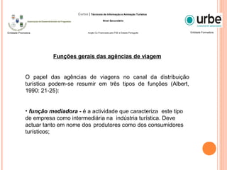 Funções gerais das agências de viagem
O papel das agências de viagens no canal da distribuição
turística podem-se resumir em três tipos de funções (Albert,
1990: 21-25):
• função mediadora - é a actividade que caracteriza este tipo
de empresa como intermediária na indústria turística. Deve
actuar tanto em nome dos produtores como dos consumidores
turísticos;
Entidade FormadoraEntidade Promotora
Curso | Técnico/a de Informação e Animação Turística
Nível Secundário
Acção Co-Financiada pelo FSE e Estado Português
 