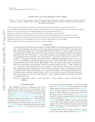 Draft v7.0
Preprint typeset using LATEX style AASTeX6 v. 1.0
EXTINCTION AND THE DIMMING OF KIC 8462852
Huan Y. A. Meng1
, George Rieke1
, Franky Dubois2
, Grant Kennedy3
, Massimo Marengo4
, Michael Siegel5
,
Kate Su1
, Nicolas Trueba4
, Mark Wyatt3
, Tabetha Boyajian6
, C. M. Lisse7
, Ludwig Logie2
, Steve Rau2
,
Sigfried Vanaverbeke2,8
1
Steward Observatory, Department of Astronomy, University of Arizona, 933 North Cherry Avenue, Tucson, AZ 85721
2
Astrolab IRIS, Verbrandemolenstraat, Ypres, Belgium and Vereniging voor Sterrenkunde, Werkgroep Veranderlijke Sterren, Belgium
3
Institute of Astronomy, University of Cambridge, Madingley Road, Cambridge CB3 0HA, UK
4
Department of Physics and Astronomy, Iowa State University, A313E Zaﬀarano, Ames, IA 50010
5
Department of Astronomy and Astrophysics, Pennsylvania State University, 525 Davey Lab, University Park, PA 16802
6
Department of Physics and Astronomy, Louisiana State University, 261-A Nicholson Hall, Tower Dr, Baton Rouge, LA 70803
7
Applied Physics Laboratory, Johns Hopkins University, 11100 Johns Hopkins Road, Laurel, MD 20723
8
Center for Mathematical Plasma Astrophysics, University of Leuven, Belgium
ABSTRACT
To test alternative hypotheses for the behavior of KIC 8462852, we obtained measurements of the star
over a wide wavelength range from the UV to the mid-infrared from October 2015 through December
2016, using Swift, Spitzer and at AstroLAB IRIS. The star faded in a manner similar to the long-
term fading seen in Kepler data about 1400 days previously. The dimming rate for the entire period
reported is 22.1 ± 9.7 milli-mag yr−1
in the Swift wavebands, with amounts of 21.0 ± 4.5 mmag in
the groundbased B measurements, 14.0 ± 4.5 mmag in V , and 13.0 ± 4.5 in R, and a rate of 5.0 ± 1.2
mmag yr−1
averaged over the two warm Spitzer bands. Although the dimming is small, it is seen at
3 σ by three diﬀerent observatories operating from the UV to the IR. The presence of long-term
secular dimming means that previous SED models of the star based on photometric measurements
taken years apart may not be accurate. We ﬁnd that stellar models with Teff = 7000 - 7100 K and
AV ∼ 0.73 best ﬁt the Swift data from UV to optical. These models also show no excess in the
near-simultaneous Spitzer photometry at 3.6 and 4.5 µm, although a longer wavelength excess from
a substantial debris disk is still possible (e.g., as around Fomalhaut). The wavelength dependence of
the fading favors a relatively neutral color (i.e., RV 5, but not ﬂat across all the bands) compared
with the extinction law for the general ISM (RV = 3.1), suggesting that the dimming arises from
circumstellar material.
Keywords: circumstellar matter — dust, extinction — stars: peculiar — stars: individual (KIC
8462852)
1. INTRODUCTION
KIC 8462852, also known as Boyajian’s Star, is an
enigmatic object discovered by citizen scientists of the
Planet Hunters project studying data from the Kepler
mission (Boyajian et al. 2016). The main-sequence F1/2
V star (Lisse et al. 2015; Boyajian et al. 2016) at ∼400
pc (Boyajian et al. 2016; Gaia 2017) has undergone
irregularly shaped dips in ﬂux up to ∼ 20% with dura-
tions of one to a few days (Boyajian et al. 2016). A new
episode of dips has started in May- June, 2017 (Boyajian
et al. 2017). The star also faded throughout the Kepler
mission (Borucki et al. 2010), initially in a slow decline,
hyameng@lpl.arizona.edu
and then a more rapid fading by ∼ 2% over about 300
days (Montet & Simon 2016). Such behavior is virtually
unique among normal main-sequence stars (Schlecker
2016). Archival data have also been used to suggest a
decline in stellar brightness over the past century with
an average rate of −0.151±0.012% yr−1
(Schaefer 2016),
though the existence and signiﬁcance of the century-long
trend are disputed (Hippke et al. 2016a, 2017; Lund et
al. 2016). In addition, adaptive optics-corrected images
in the JHK bands reveal a nearby source 2 from the
primary star, with brightness and color consistent with
a M2 V companion at a projected distance of ∼800 AU
(Boyajian et al. 2016).
Peculiar light curves and slow trends are common
among young stellar objects (YSOs) (Rebull et al. 2014;
arXiv:1708.07556v1[astro-ph.SR]24Aug2017
 
