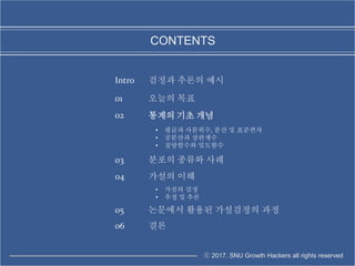 ⓒ 2017. SNU Growth Hackers all rights reserved
CONTENTS
01 오늘의 목표
02
• 평균과 사분위수, 분산 및 표준편차
• 공분산과 상관계수
• 질량함수와 밀도함수
03 분포의...