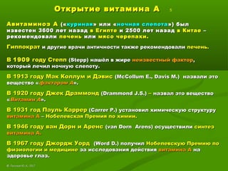 Открытие витамина АОткрытие витамина А 5
Авитаминоз ААвитаминоз А («(«куринаякуриная»» или «или «ночная слепотаночная слепота ») был») был
известен 3600 лет назадизвестен 3600 лет назад в Египтев Египте и 2500 лет назади 2500 лет назад в Китаев Китае ––
рекомендовалирекомендовали печеньпечень илиили мясо черепахимясо черепахи..
ГиппократГиппократ и другие врачи античности также рекомендовалии другие врачи античности также рекомендовали печеньпечень..
ВВ 19091909 году Степпгоду Степп ((SteppStepp) нашёл в жире) нашёл в жире неизвестный факторнеизвестный фактор,,
который лечил ночную слепотукоторый лечил ночную слепоту..
В 1913 году Мак Коллум и ДэвисВ 1913 году Мак Коллум и Дэвис ((McCollum E., Davis M.McCollum E., Davis M.) назвали это) назвали это
вещество «вещество «фактором Афактором А»»..
В 19В 192020 году Джек Драммондгоду Джек Драммонд ((Drammond J.S.Drammond J.S.)) –– назвал это веществоназвал это вещество
««Витамин АВитамин А»»..
ВВ 19311931 годгод Пауль КаррерПауль Каррер (Carrer P.)(Carrer P.) установил химическую структуруустановил химическую структуру
витамина Авитамина А –– Нобелевская ПремияНобелевская Премия по химиипо химии..
В 1946 году ван Дорн и АренсВ 1946 году ван Дорн и Аренс (van Dorn Arens)(van Dorn Arens) осуществилиосуществили синтезсинтез
витамина Авитамина А..
В 1967 году Джордж УордВ 1967 году Джордж Уорд (Word D.)(Word D.) получилполучил Нобелевскую Премию поНобелевскую Премию по
физиологии и медицинефизиологии и медицине за исследования действияза исследования действия витамина Авитамина А нана
здоровье глазздоровье глаз..
©© Лысиков Ю..А., 2017Лысиков Ю..А., 2017
 