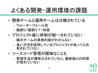 よくある開発・運用環境の課題
• 開発チームと運用チームは分離されている
– ウォーターフォール型
– 縦割り（横割り？）体質
• プロジェクト毎に体制が統一されていない
– 隣のチームの業務内容がわからない
– 良い方式を採用しているプロジェクトがあっても共
有されていない
• ソースコード管理が曖昧なことも
– 管理手法が標準化されていなく、最新版との同期
が取れていない
18
 