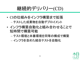 継続的デリバリー(CD)
• CIの仕組みをインフラ構築まで拡張
– テストした成果物を自動デプロイメント
• インフラ構築自動化と組み合わせることで
短時間で構築可能
– テスト環境と本番環境を同等の構成で構築
– インフラを含めた結合テストを自動化
31
 