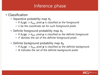 Inference phase
• Classification
• Separative probability map 𝑅S
• If 𝑅S(𝐩) > 𝜃sep, pixel 𝐩 is classified as the foreground
• ℒ be the coordinate set for such foreground pixels
• Definite foreground probability map 𝑅F
• If 𝑅F(𝐩) > 𝜃def, pixel 𝐩 is classified as the definite foreground
• ℱ denotes the set of the definite foreground pixels
• Definite background probability map 𝑅B
• If 𝑅B(𝐩) > 𝜃def, pixel 𝐩 is classified as the definite background
• ℬ indicates the set of the definite background pixels
 