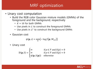 MRF optimization
• Unary cost computation
• Build the RGB color Gaussian mixture models (GMMs) of the
foreground and the background, respectively
• 𝐾 = 10 for both GMMs
• Use pixels in ℒ to construct the foreground GMMs
• Use pixels in ℒ 𝑐
to construct the background GMMs
• Gaussian cost
𝜓 𝐩, 𝑠 = min
𝑘
− log 𝑓 𝐩; ℳ𝑠,𝑘
• Unary cost
𝒟 𝐩, 𝑆 = ൞
∞ if 𝑝 ∈ ℱ and 𝑆 𝑝 = 0
∞ if 𝑝 ∈ ℱ and 𝑆 𝑝 = 0
𝜓 𝐩, 𝑆(𝐩) otherwise
 