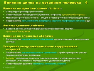 Влияние цинка на организм человека 4Влияние цинка на организм человека 4
11
Влияние на функцию зренияВлияние на функцию зрения ((12-40 мг12-40 мг))
 Стимулирует регенерацию сетчаткиСтимулирует регенерацию сетчатки
 Предотвращает повреждение хрусталика – кофакторПредотвращает повреждение хрусталика – кофактор супероксиддисмутазысупероксиддисмутазы
 Мобилизует ретинол из печени – входит в состав ретинол-связывающего белкаМобилизует ретинол из печени – входит в состав ретинол-связывающего белка
 ПрофилактикаПрофилактика конъюнктивита, блефарита, кератита, перфорации сетчаткиконъюнктивита, блефарита, кератита, перфорации сетчатки и др.и др.
Антиоксидантное действиеАнтиоксидантное действие
 Входит в состав ключевого фермента антиоксидантной защиты –Входит в состав ключевого фермента антиоксидантной защиты –
супероксиддисмутазысупероксиддисмутазы
Влияние на слизистые оболочкиВлияние на слизистые оболочки
 ПрофилактикаПрофилактика воспалительных заболеванийвоспалительных заболеваний органов дыхания и мочеполовойорганов дыхания и мочеполовой
системысистемы
Ускорение выздоровления после хирургическихУскорение выздоровления после хирургических
операцийопераций
 ПрофилактикаПрофилактика послеоперационных осложненийпослеоперационных осложнений – приём препаратов цинка в– приём препаратов цинка в
процессе подготовки к операции.процессе подготовки к операции.
 УскоряетУскоряет заживление ран после гинекологических и других полостныхзаживление ран после гинекологических и других полостных
операций. Это касается и периода после удаления миндалин.операций. Это касается и периода после удаления миндалин.
 Предотвращает развитиеПредотвращает развитие стоматита, гингвинита, хейлитастоматита, гингвинита, хейлита
© Лысиков Ю.А., 2017
 