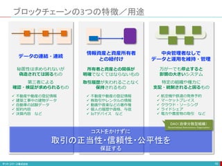 ブロックチェーンの3つの特徴／用途
19
秘匿性は求められないが
偽造されては困るもの
第三者による
確認・検証が求められるもの
 不動産や動産の登記情報
 建築工事中の建物データ
 自動車の試験データ
 契約内容
 決算内容 など
所有者と資産との関係が
明確でなくてはならないもの
取引履歴が失われることなく
保持されるもの
 不動産や動産の登記情報
 株取引やレンタルの情報
 動画や音楽などの著作権
 個人の履歴や資格、与信
 IoTデバイス など
万が一でも停止すると
影響の大きいシステム
特定の組織や権力に
支配・統制されると困るもの
 航空機や鉄道の発券予約
 マーケットプレイス
 クラウド・ソーシング
 ライドシェア
 電力や農産物の取引 など
データの連結・連続
情報資産と資産所有者
との紐付け
中央管理者なしで
データと運用を維持・管理
コストをかけずに
取引の正当性・信頼性・公平性を
保証する
DAO（自律分散型組織）
Decentralized Autonomous Organization
 