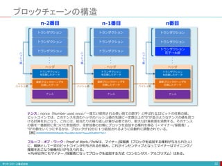 ブロックチェーンの構造
22
トランザクション
トランザクション
トランザクション
を圧縮したデータ
トランザクション
花子→太郎
最新ブロックのヘッダを
圧縮したデータ
・
・
・
ナンス
トランザクション
トランザクション
トランザクション
を圧縮したデータ
トランザクション
最新ブロックのヘッダを
圧縮したデータ
・
・
・
ナンス
ヘッダ ヘッダ
トランザクション
トランザクション
トランザクション
を圧縮したデータ
トランザクション
最新ブロックのヘッダを
圧縮したデータ
・
・
・
ナンス
ヘッダ
n番目n-1番目n-2番目
ハッシュ値 ハッシュ値ハッシュ値
ハ
ッ
シ
ュ
値
ハ
ッ
シ
ュ
値
ハ
ッ
シ
ュ
値
ナンス：nonce（Number used once／一度だけ使用される使い捨ての数字）と呼ばれる32ビットの任意の値。
ビットコインでは、このナンスを含むヘッダのハッシュ値の先頭に一定数以上の”0”が並ぶようなナンスの値を見つ
ける計算をおこなう。これには、総当たりの繰り返し計算が必要であり、膨大な計算資源を消費する。そのナンス
の値を一番最初に見つけた参加者が、全参加者の台帳にブロックを追加する権利を得る（＝マイナー/採掘者）。
“0”の数をいくつにするかは、ブロックが10分に１つ追加されるように自動的に調整されている。
【例】
フルーフ・オブ・ワーク：Proof of Work／PoWは、マイナー/採掘者（ブロックを追加する権利が与えられた人）
に、報酬として一定のビットコインが付与される仕組み。これがインセンティブとなってマイナーはマイニング／
採掘をおこなう動機付けが与えられる。
＊PoW以外にもマイナー /採掘者になってブロックを追加する方式（コンセンサス・アルゴリズム）はある。
 