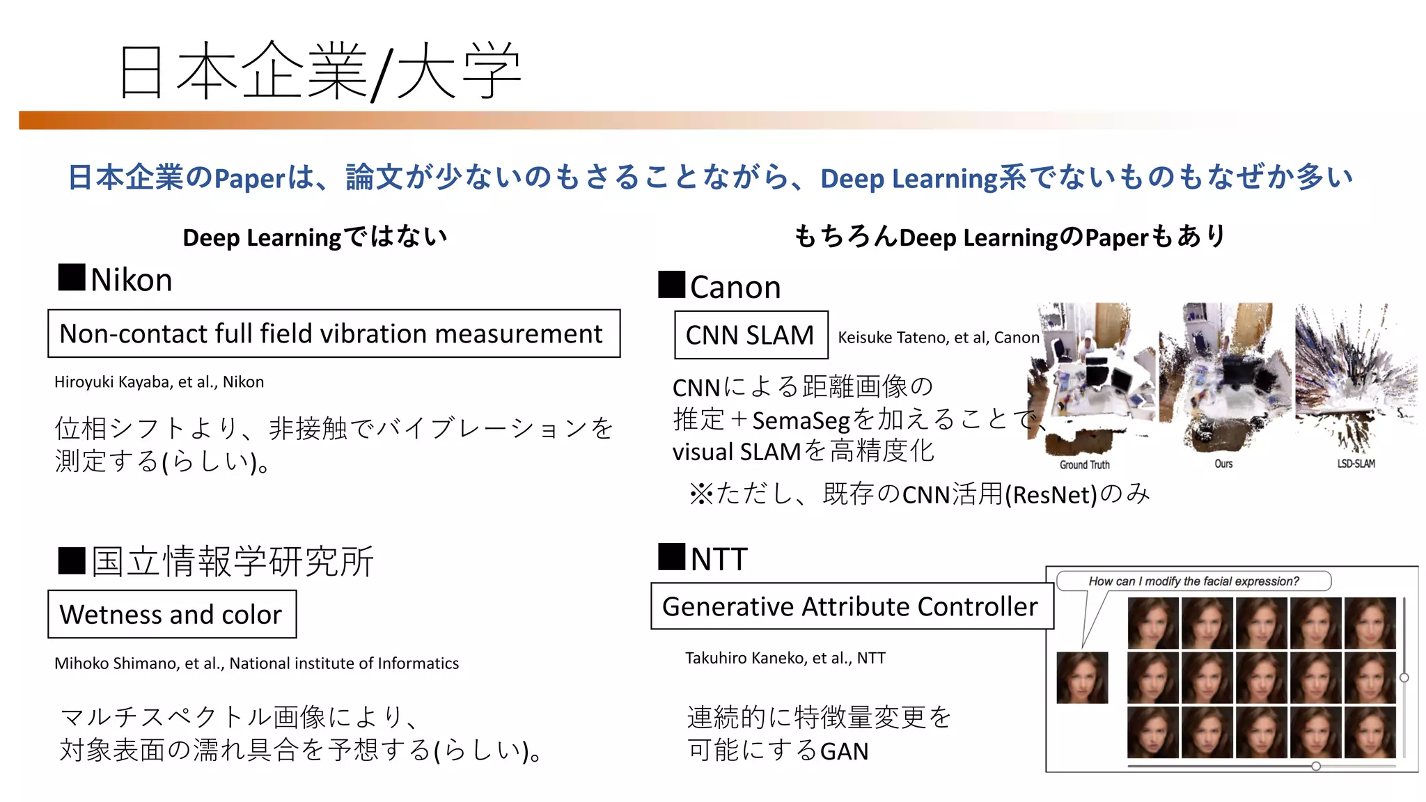 日本企業/大学
日本企業のPaperは、論文が少ないのもさることながら、Deep Learning系でないものもなぜか多い
Non-contact full field vibration measurement
■Nikon
位相シフトより、非接触でバイブレーションを
測定する(らしい)。
Hiroyuki Kayaba, et al., Nikon
Mihoko Shimano, et al., National institute of Informatics
Wetness and color
マルチスペクトル画像により、
対象表面の濡れ具合を予想する(らしい)。
■国立情報学研究所 ■NTT
Deep Learningではない もちろんDeep LearningのPaperもあり
■Canon
CNN SLAM
Iihi*OH=I ff
?JJ
ł ffl ö
OH=I ?JJ
ff
”
ffl ö OH=I
Hchem
bnnjm7,,[lrcp+ila,j^,.4-1+-0156+j^
bnnj7,,][gj[l+ch+nog+^_,?b[cl,Llid_]n?JJOH=I
bnnjm7,,qqq+siono _+]ig,q[n]b;p9tZJFr eMh>Q
?JJ*OH=I
HO@*OH=I
CNNによる距離画像の
推定＋SemaSegを加えることで、
visual SLAMを高精度化
※ただし、既存のCNN活用(ResNet)のみ
Keisuke Tateno, et al, Canon
Takuhiro Kaneko, et al., NTT
連続的に特徴量変更を
可能にするGAN
Generative Attribute Controller
 