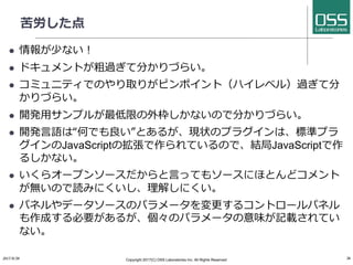 苦労した点
l 情報が少ない！
l ドキュメントが粗過ぎて分かりづらい。
l コミュニティでのやり取りがピンポイント（ハイレベル）過ぎて分
かりづらい。
l 開発⽤サンプルが最低限の外枠しかないので分かりづらい。
l 開発⾔語は“何でも良い”とあるが、現状のプラグインは、標準プラ
グインのJavaScriptの拡張で作られているので、結局JavaScriptで作
るしかない。
l いくらオープンソースだからと⾔ってもソースにほとんどコメント
が無いので読みにくいし、理解しにくい。
l パネルやデータソースのパラメータを変更するコントロールパネル
も作成する必要があるが、個々のパラメータの意味が記載されてい
ない。
2017/8/26 Copyright 2017(C) OSS Laboratories Inc. All Rights Reserved 26
 