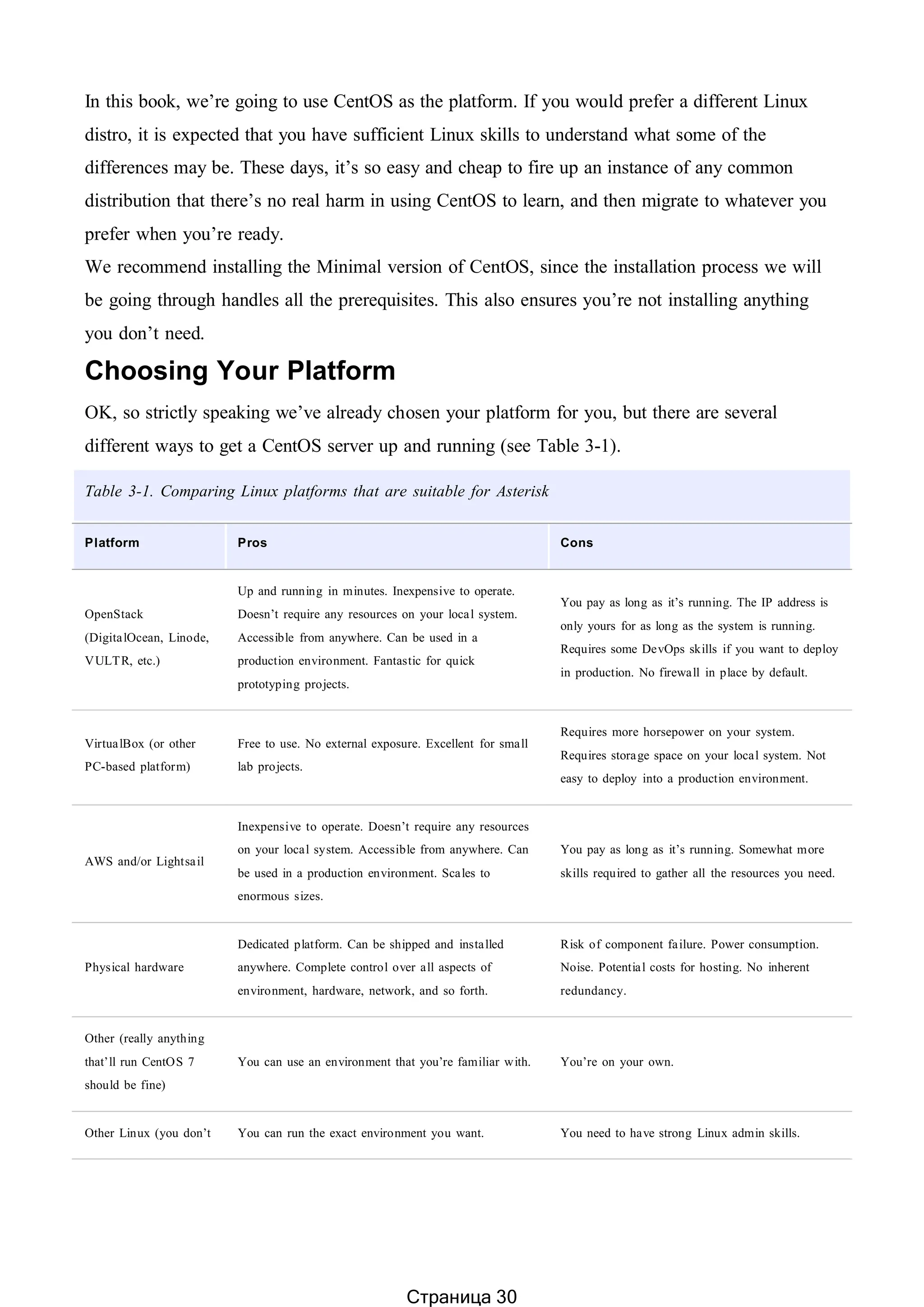 In this book, we’re going to use CentOS as the platform. If you would prefer a different Linux
distro, it is expected that you have sufficient Linux skills to understand what some of the
differences may be. These days, it’s so easy and cheap to fire up an instance of any common
distribution that there’s no real harm in using CentOS to learn, and then migrate to whatever you
prefer when you’re ready.
We recommend installing the Minimal version of CentOS, since the installation process we will
be going through handles all the prerequisites. This also ensures you’re not installing anything
you don’t need.
Choosing Your Platform
OK, so strictly speaking we’ve already chosen your platform for you, but there are several
different ways to get a CentOS server up and running (see Table 3-1).
Table 3-1. Comparing Linux platforms that are suitable for Asterisk
Platform Pros Cons
OpenStack
(DigitalOcean, Linode,
VULTR, etc.)
Up and running in minutes. Inexpensive to operate.
Doesn’t require any resources on your local system.
Accessible from anywhere. Can be used in a
production environment. Fantastic for quick
prototyping projects.
You pay as long as it’s running. The IP address is
only yours for as long as the system is running.
Requires some DevOps skills if you want to deploy
in production. No firewall in place by default.
VirtualBox (or other
PC-based platform)
Free to use. No external exposure. Excellent for small
lab projects.
Requires more horsepower on your system.
Requires storage space on your local system. Not
easy to deploy into a production environment.
AWS and/or Lightsail
Inexpensive to operate. Doesn’t require any resources
on your local system. Accessible from anywhere. Can
be used in a production environment. Scales to
enormous sizes.
You pay as long as it’s running. Somewhat more
skills required to gather all the resources you need.
Physical hardware
Dedicated platform. Can be shipped and installed
anywhere. Complete control over all aspects of
environment, hardware, network, and so forth.
Risk of component failure. Power consumption.
Noise. Potential costs for hosting. No inherent
redundancy.
Other (really anything
that’ll run CentOS 7
should be fine)
You can use an environment that you’re familiar with. You’re on your own.
Other Linux (you don’t You can run the exact environment you want. You need to have strong Linux admin skills.
Страница 30
 