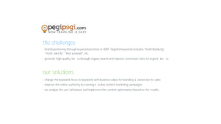 the challenges
- brand positioning through keyword positions in SERP. Targeted keywords includes “hotel Bandung”,
“hotel Jakarta”, “tiket pesawat”, etc.
- generate high quality traﬃcs through organic search and improve conversion rates for organic traﬃcs.
our solutions
- change the keywords focus to keywords with business value for branding & conversion to sales
- improve the online authority by running eﬀective content marketing campaigns
- we analyze the user behaviour and implement the content optimisation based on the results
 