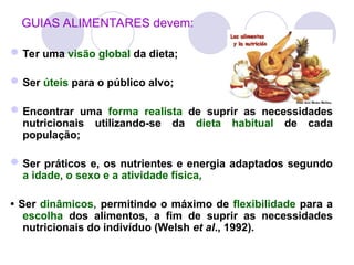 GUIAS ALIMENTARES devem:
Ter uma visão global da dieta;
Ser úteis para o público alvo;
Encontrar uma forma realista de suprir as necessidades
nutricionais utilizando-se da dieta habitual de cada
população;
Ser práticos e, os nutrientes e energia adaptados segundo
a idade, o sexo e a atividade física,
• Ser dinâmicos, permitindo o máximo de flexibilidade para a
escolha dos alimentos, a fim de suprir as necessidades
nutricionais do indivíduo (Welsh et al., 1992).
 