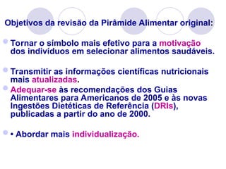 Objetivos da revisão da Pirâmide Alimentar original:
Tornar o símbolo mais efetivo para a motivação
dos indivíduos em selecionar alimentos saudáveis.
Transmitir as informações científicas nutricionais
mais atualizadas.
Adequar-se às recomendações dos Guias
Alimentares para Americanos de 2005 e às novas
Ingestões Dietéticas de Referência (DRIs),
publicadas a partir do ano de 2000.
• Abordar mais individualização.
 