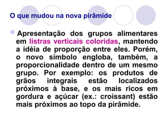 O que mudou na nova pirâmide
Apresentação dos grupos alimentares
em listras verticais coloridas, mantendo
a idéia de proporção entre eles. Porém,
o novo símbolo engloba, também, a
proporcionalidade dentro de um mesmo
grupo. Por exemplo: os produtos de
grãos integrais estão localizados
próximos à base, e os mais ricos em
gordura e açúcar (ex.: croissant) estão
mais próximos ao topo da pirâmide.
 