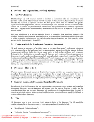 Number 12 GP2-A5
4 ©
Clinical and Laboratory Standards Institute. All rights reserved.
5 Process – The Sequence of Laboratory Activities
5.1 Key Work Processes
The laboratory’s key work processes interlink to transform an examination order into a result report for a
patient’s health record. The laboratory should document its key processes, because these documents
describe the sequence of specific activities that take place across time and identify the specific
organizational units (departments, services, sections) and job titles involved. Process documents can be
created for all aspects of preexamination, examination, and postexamination laboratory operational
workflow. They provide the means to identify problematic activities that can be improved to help prevent
medical errors.
The main information in a process document depicts or describes “how something happens”—for
example, the interrelated sequential activities involved in the automated examination process. Flowcharts
or tables are usually used to present process information. Process flowcharts and their respective tables
are provided in Appendixes A1 through E2.
5.2 Process as a Basis for Training and Competence Assessment
All work happens as a sequence of activities known as a process. In a person’s professional training or
prior experience, he or she has learned work processes as they are performed in the training facilities.
However, each different facility in which a person works is likely to have different work processes.
Training involves familiarizing new employees with their new work processes. Competence assessment
determines if employees know and can successfully accomplish their assigned work processes. Therefore
it makes sense to understand and document a laboratory’s work processes and use the process documents
in training programs and competence assessment exercises. CLSI/NCCLS document GP21—Training
and Competence Assessment provides information on how to design and deliver work-process-based
training and competence assessment programs.
6 Procedure – How to Do It
Whereas process documents depict or describe how related activities are sequenced across time,
procedure documents present step-by-step instructions that a single individual needs to take to
successfully complete one activity in the process. Therefore, one process document refers to a number of
supporting procedure documents. Examples of procedures have been provided as Appendixes F through K.
7 Elements Common to Process and Procedure Documents
The elements described in this section are common to documents that capture process and procedure
information. However, process documents will contain only the process flowchart or table, not the
procedure instructions, and procedure documents will contain only the procedure instructions. Appendix L
presents a table that suggests which sections in addition to the common elements should be included in
process and procedure documents.
7.1 Title
All documents need to have a title that clearly states the intent of the document. The title should be
concise and describe the document type (i.e., process or procedure). Examples include:
• “Blood Sample Collection Process”;
• “Performing Glucose Examinations on Instrument X”;
Licensed to: Cameron Wannamaker
This document is protected by copyright. CLSI order # 71377, id # 477046, Downloaded on 12/11/2009.
 