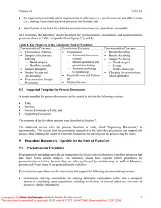 Volume 26 GP2-A5
©
Clinical and Laboratory Standards Institute. All rights reserved. 7
• the opportunity to identify where improvements in efficiency (i.e., use of resources) and effectiveness
(i.e., meeting requirements) in work processes can be made; and
• identification of the tasks for which documented instructions (i.e., procedures) are needed.
At a minimum, the laboratory should document the preexamination, examination, and postexamination
processes shown in Table 1 (expanded from Figures 2, 3, and 4).
Table 1. Key Processes in the Laboratory Path of Workflow
Preexamination Processes Examination Processes Postexamination Processes
• Examination Ordering
• Sample Collection and
Labeling
— Blood samples
— Nonblood samples
• Sample Transport
• Sample Receipt and
Accessioning
• Preexamination Sample
Processing
• Examination
— Automated instrument
systems
— Manual qualitative and
quantitative testing
— Anatomic pathology
— Cytopathology
• Results Review and Follow-
up
• Medical Review
• Results Reporting
• Results Archiving
• Sample Archiving
— Blood samples
— Tissues
— Blocks, slides, etc.
• Charging for examinations,
where applicable
8.2 Suggested Template for Process Documents
A simple template for process documents can be created to include the following sections:
• Title;
• Purpose;
• Process Flowchart or Table; and
• Supporting Documents
The contents of the first three sections were described in Section 7.
The additional section after the process flowchart or table, titled “Supporting Documents,” is
recommended. This section lists the procedures manual(s) or the individual procedures that support this
process, thus referring the reader to where the instructions for carrying out the process may be found.
9 Procedure Documents – Specific for the Path of Workflow
9.1 Preexamination Procedures
Preexamination procedures provide the instructions for all activities in laboratory workflow processes that
take place before sample analysis. The laboratory should have separate written procedures for
preexamination activities, because they are often performed by nonlaboratory as well as laboratory
persons at different times in the preexamination workflow.
Preexamination procedures are the instructions that support the following preexamination processes:
• examination ordering—instructions for entering laboratory examination orders into a computer
system or completing paper requisitions, including verification of clinical orders and provision of
necessary clinical information;
Licensed to: Cameron Wannamaker
This document is protected by copyright. CLSI order # 71377, id # 477046, Downloaded on 12/11/2009.
 