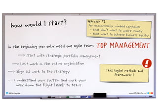 www.LEANability.com@klausleopold
in the beginning you only need one agile team:
how would I start?
—> start with strategic portfolio management
—> limit work in the entire organization
—> align all work to the strategy
approach #2
for economically minded companies
- that don’t want to waste money
- that want to achieve business agility
! kill (agile) methods and
frameworks !
TOP MANAGEMENT
—> understand your system and work your
way down the Flight Levels to teams
 