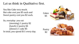 Let us think in Qualitative first.
You like Cake very much.
But cake cost you $5 each and
Sweet pastry cost you $2 each.
S...