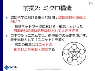 14
前提2: ミクロ構造
認知科学における重大な疑問：認知の最小単位は
何か？
意味ネットワークにおける「概念」といった
明示的な記述は処理単位として大きすぎる
コネクショニズムでは、処理単位の仮定を置かず、
最小単位として「ユニット」を置く
高次の概念はユニットの
組合せより生起・創発する
17/09/04 WBA若手の会 第29回勉強会
 