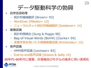 29
データ駆動科学の勃興
自然言語処理
統計的機械翻訳 [Brown+ 93]
Word2vec [Mikolov+ 13]
ニューラルネット統計的機械翻訳 [Sutskever+ 14]
画像認識
統計的顔検出 [Sung & Poggio 98]
Bag-of-Visual-Words (BoVW) [Csurka+ 04]
深層学習を用いた大規模画像認識 [Krichevsky+ 12]
音声認識
HMM音声認識 [Levinson+ 83]
End-to-end音声認識 [Graves & Jaitly 14]
17/09/04 WBA若手の会 第29回勉強会
80年代~90年代に提案、計算機及びモデルの進歩に伴い実用化
 