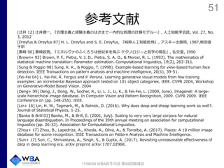 51
参考文献
[辻井 12] 辻井潤一, 『合理主義と経験主義のはざまで―内的な処理の計算モデル―』, 人工知能学会誌, Vol. 27, No.
3, 2012
[Dreyfus & Dreyfus 87] H. L. Dreyfus and S. E. Dreyfus, 『純粋人工知能批判』, アスキー出版局, 1987,椋田直
子訳
[黒崎 90] 黒崎政男, 『ミネルヴァのふくろうは世紀末を飛ぶ テクノロジーと哲学の現在』, 弘文堂, 1990
[Brown+ 93] Brown, P. F., Pietra, V. J. D., Pietra, S. A. D., & Mercer, R. L. (1993). The mathematics of
statistical machine translation: Parameter estimation. Computational linguistics, 19(2), 263-311.
[Sung & Poggio 98] Sung, K. K., & Poggio, T. (1998). Example-based learning for view-based human face
detection. IEEE Transactions on pattern analysis and machine intelligence, 20(1), 39-51.
[Fei-Fei 04] L. Fei-Fei, R. Fergus and P. Perona. Learning generative visual models from few training
examples: an incremental Bayesian approach tested on 101 object categories. IEEE. CVPR 2004, Workshop
on Generative-Model Based Vision. 2004
[Deng+ 09] Deng, J., Dong, W., Socher, R., Li, L. J., Li, K., & Fei-Fei, L. (2009, June). Imagenet: A large-
scale hierarchical image database. In Computer Vision and Pattern Recognition, 2009. CVPR 2009. IEEE
Conference on (pp. 248-255). IEEE.
[Lin+ 16] Lin, H. W., Tegmark, M., & Rolnick, D. (2016). Why does deep and cheap learning work so well?.
Journal of Statistical Physics, 1-25.
[Banko & Brill 01] Banko, M., & Brill, E. (2001, July). Scaling to very very large corpora for natural
language disambiguation. In Proceedings of the 39th annual meeting on association for computational
linguistics (pp. 26-33). Association for Computational Linguistics.
[Zhou+ 17] Zhou, B., Lapedriza, A., Khosla, A., Oliva, A., & Torralba, A. (2017). Places: A 10 million image
database for scene recognition. IEEE Transactions on Pattern Analysis and Machine Intelligence.
[Sun+ 17] Sun, C., Shrivastava, A., Singh, S., & Gupta, A. (2017). Revisiting unreasonable effectiveness of
data in deep learning era. arXiv preprint arXiv:1707.02968.
17/09/04 WBA若手の会 第29回勉強会
 