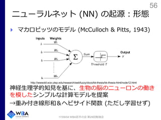 56
ニューラルネット (NN) の起源：形態
マカロピッツのモデル (McCulloch & Pitts, 1943)
神経生理学的知見を基に、生物の脳のニューロンの働き
を模したシンプルな計算モデルを提案
→重み付き線形和＆ヘビサイド関数 ...