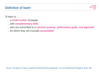 Definition of team
“A team is…
…a small number of people
…with complementary skills
…who are committed to a common purpose, performance goals, and approach
…for which they are mutually accountable"
4
Source: 'The Wisdom of Teams, Creating the High-Performance Organization‘, by Jon R.Katzenbach & Douglas K. Smith. 1993
 
