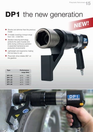DP1 the new generation
l	 Shorter and slimmer than the previous
	model
l	 5 models covering a torque range
	 from 125 – 3 600 Nm
l	 Vibration reducing technology
	 protects the users muscles and
	 joints during continuous operation
	 in assembly/maintanence and
	 production environments
l	 Lightweight and ergonomic making
	 the tool easy to use
l	 Pneumatic drive rotates 360° on
	 the gearbox
Type	 Performance
		range (Nm)
DP1-05	 up to 	 500
DP1-10	 up to 	 1 000
DP1-20	 up to 	 2 000
DP1-30	 up to 	 3 000
DP1-36	 up to	 3 600
15
Pneumatic Nutrunners
NEW!
 