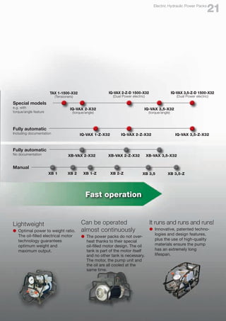 Fast operation
XB-VAX 2-X32 XB-VAX 2-Z-X32 XB-VAX 3,5-X32
Fully automatic
No documentation
XB 1 XB 2 XB 1-Z XB 2-Z XB 3,5 XB 3,5-Z
Manual
IQ-VAX 1-Z-X32 IQ-VAX 2-Z-X32 IQ-VAX 3,5-Z-X32
Fully automatic
Including documentation
Special models
e.g. with
torque/angle feature
IQ-VAX 2-X32
(torque/angle)
IQ-VAX 3,5-X32
(torque/angle)
TAX 1-1500-X32
(Tensioners)
IQ-VAX 2-Z-D 1500-X32
(Dual Power electric)
IQ-VAX 3,5-Z-D 1500-X32
(Dual Power electric)
Can be operated
almost continuously
l	 The power packs do not over-	
		 heat thanks to their special
		 oil-filled motor design. The oil
		 tank is part of the motor itself
		 and no other tank is necessary.
		 The motor, the pump unit and
		 the oil are all cooled at the
		 same time.
Lightweight
l	 Optimal power to weight ratio. 	
	 The oil-filled electrical motor 	
	 technology guarantees
	 optimum weight and
	 maximum output.
It runs and runs and runs!
l	 Innovative, patented techno-
	 logies and design features,
	 plus the use of high-quality
	 materials ensure the pump
	 has an extremely long
	lifespan.
21
Electric Hydraulic Power Packs
 