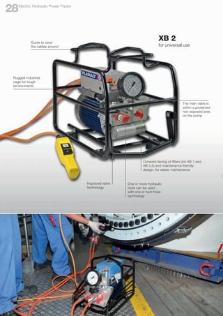 Rugged industrial
cage for tough
environments
Improved valve
technology
Outward-facing oil filters (on XB 1 and
XB 3,5) and maintenance friendly
design, for easier maintenance
One or more hydraulic
tools can be used
with one or twin hose
technology
The main valve is
within a protected
non exposed area
on the pump
Guide to wind
the cables around
XB 2
for universal use
Electric Hydraulic Power Packs
28
 