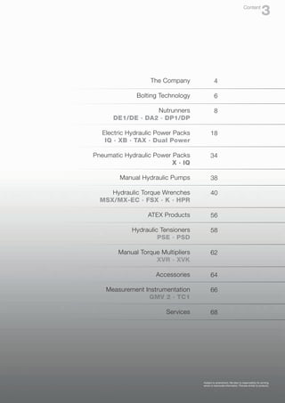 The Company
Bolting Technology
Nutrunners
DE1/DE · DA2 · DP1/DP
Electric Hydraulic Power Packs
IQ · XB · TAX · Dual Power
Pneumatic Hydraulic Power Packs
X · IQ
Manual Hydraulic Pumps
Hydraulic Torque Wrenches
MSX/MX-EC · FSX · K · HPR
ATEX Products
Hydraulic Tensioners
PSE · PSD
Manual Torque Multipliers
XVR · XVK
Accessories
Measurement Instrumentation
GMV 2 · TC1
Services
4
6
8
18
34
38
40
56
58
62
64
66
68
Subject to amendment. We take no responsibility for printing
errors or inaccurate information. Pictures similar to products.
3
Content
 