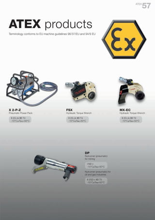 X 2-P-Z
Pneumatic Power Pack
II 2G ck IIB T4
-10°C≤Ta≤+50°C
FSX
Hydraulic Torque Wrench
II 2G ck IIB T4
-10°C≤Ta≤+50°C
MX-EC
Hydraulic Torque Wrench
II 2G ck IIB T4
-10°C≤Ta≤+50°C
Terminology conforms to EU machine guidelines 98/37/EU and 94/9 EU
ATEX products
Nutrunner (pneumatic) for
oil and gas industries
II 2GD c IIB T5
-10°C≤Ta≤+50°C
DP
Nutrunner (pneumatic)
for mining
I M2 c
-10°C≤Ta≤+50°C
57
ATEX
 