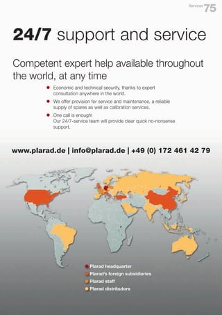 24/7 support and service
Plarad headquarter
Plarad’s foreign subsidiaries
Plarad staff
Plarad distributors
l
l
l
l
www.plarad.de | info@plarad.de | +49 (0) 172 461 42 79
l	 Economic and technical security, thanks to expert
	 consultation anywhere in the world.
l	 We offer provision for service and maintenance, a reliable
	 supply of spares as well as calibration services.
l	 One call is enough!
	 Our 24/7-service team will provide clear quick no-nonsense
	support.
Competent expert help available throughout
the world, at any time
75
Services
 