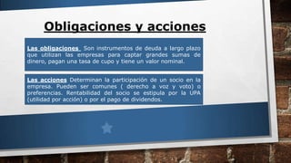 Obligaciones y acciones
Las obligaciones Son instrumentos de deuda a largo plazo
que utilizan las empresas para captar grandes sumas de
dinero, pagan una tasa de cupo y tiene un valor nominal.
Las acciones Determinan la participación de un socio en la
empresa. Pueden ser comunes ( derecho a voz y voto) o
preferencias. Rentabilidad del socio se estipula por la UPA
(utilidad por acción) o por el pago de dividendos.
 
