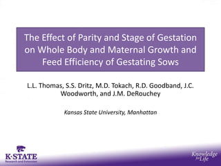 The Effect of Parity and Stage of Gestation
on Whole Body and Maternal Growth and
Feed Efficiency of Gestating Sows
L.L. Thomas, S.S. Dritz, M.D. Tokach, R.D. Goodband, J.C.
Woodworth, and J.M. DeRouchey
Kansas State University, Manhattan
 