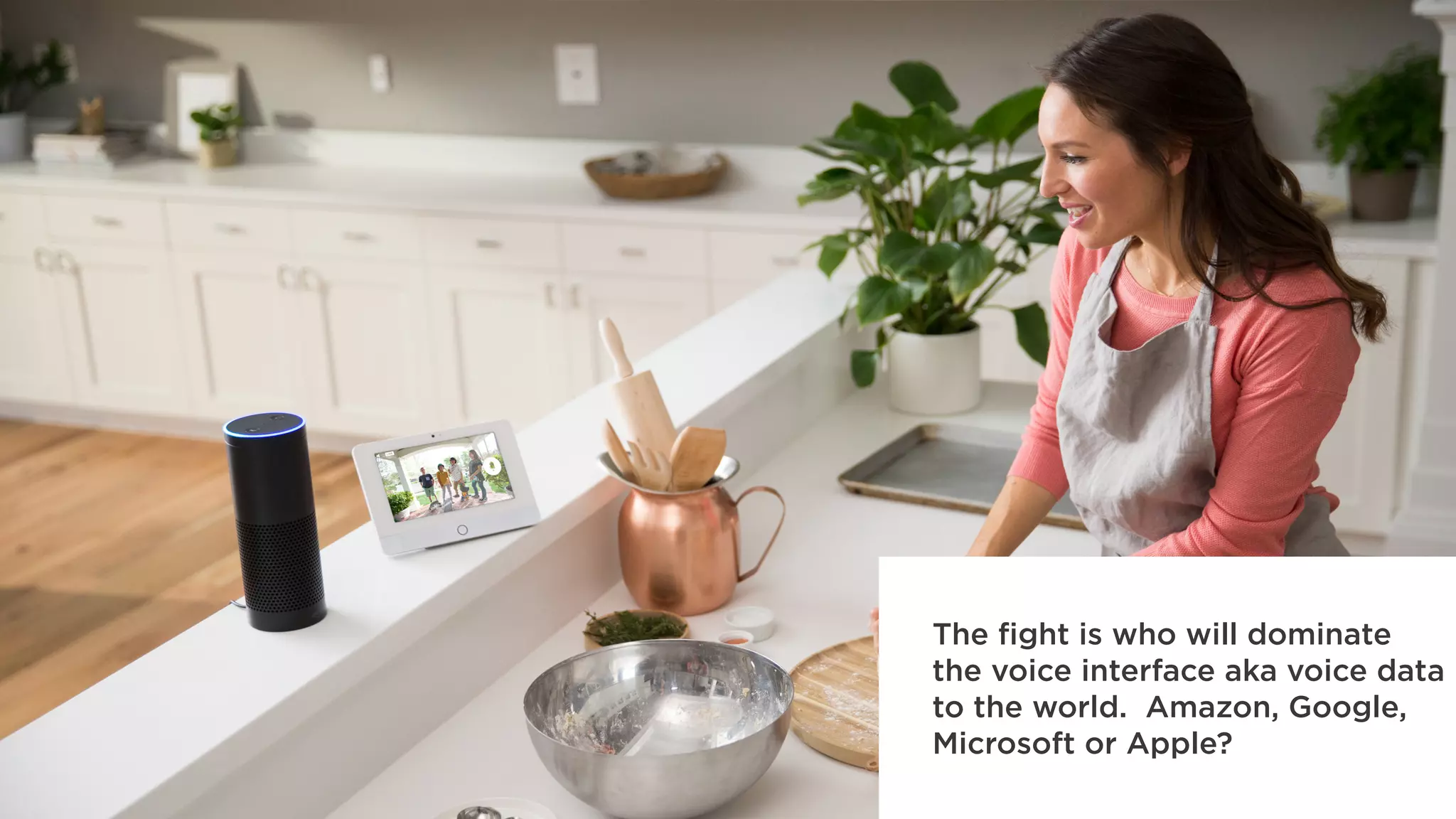 The fight is who will dominate
the voice interface aka voice data
to the world. Amazon, Google,
Microsoft or Apple?
 